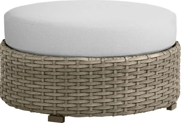 Siesta Key Driftwood Round Outdoor Ottoman with Dove Cushion