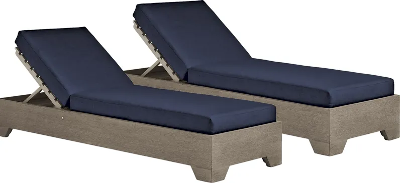 Lake Tahoe Gray Outdoor Chaise with Indigo Cushions, Set of 2
