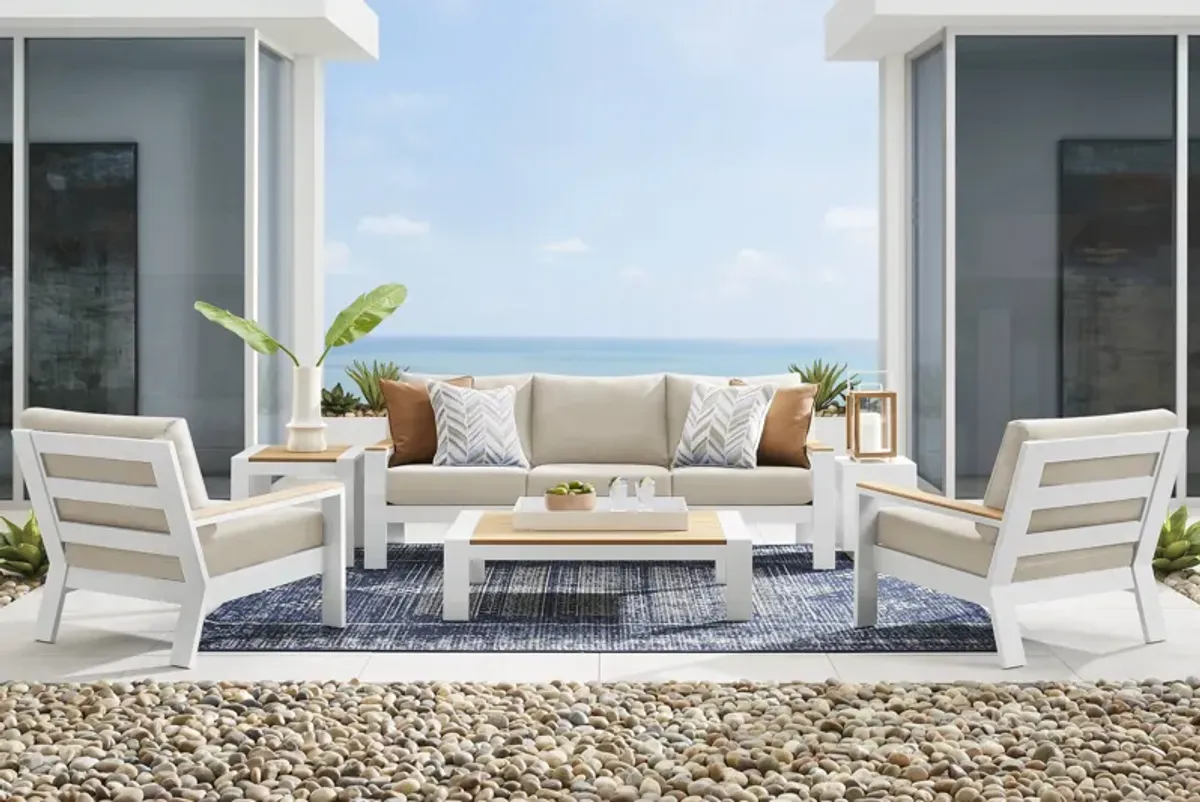 Solana White 3 Pc Outdoor Seating Set with Bisque Cushions