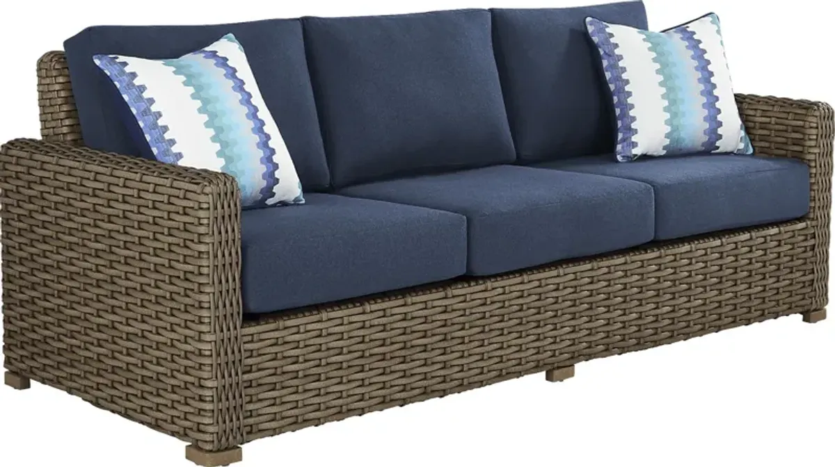 Siesta Key Driftwood Outdoor Sofa with Indigo Cushions