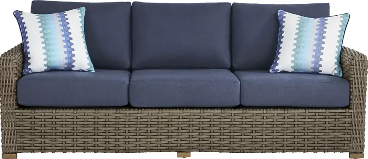 Siesta Key Driftwood Outdoor Sofa with Indigo Cushions