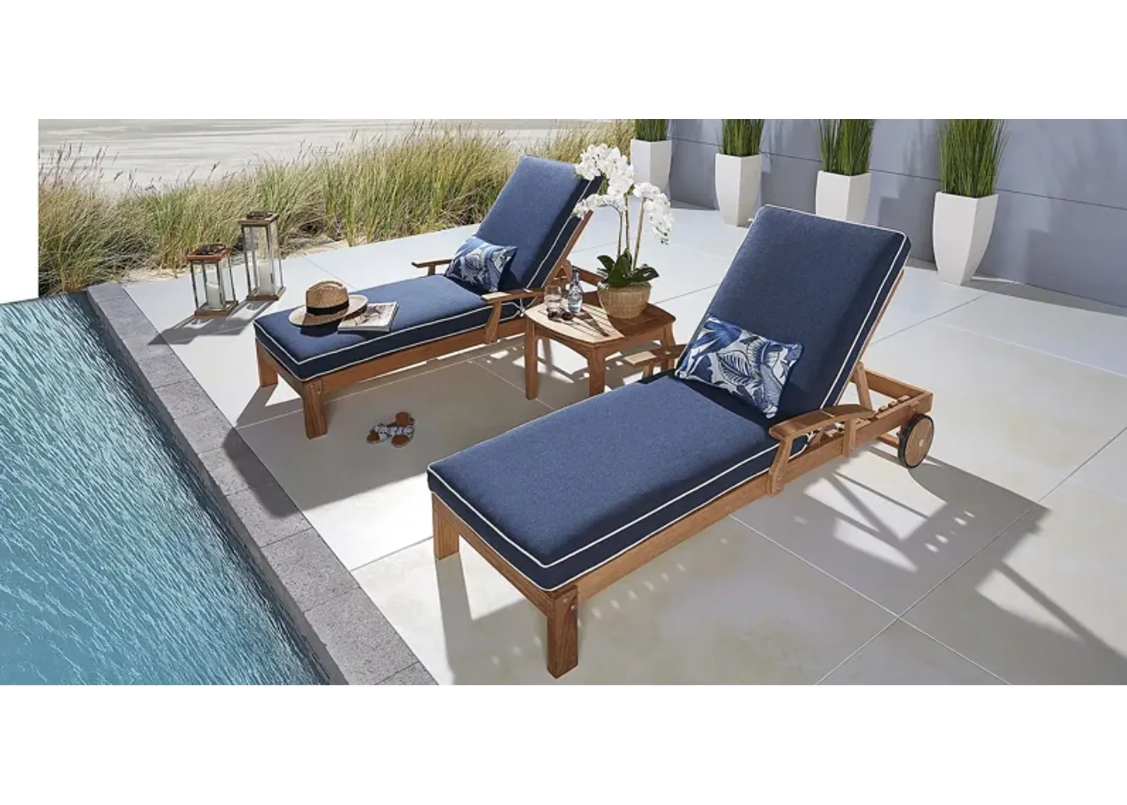 Pleasant Bay Teak Outdoor Chaise with Indigo Cushions, Set of 2