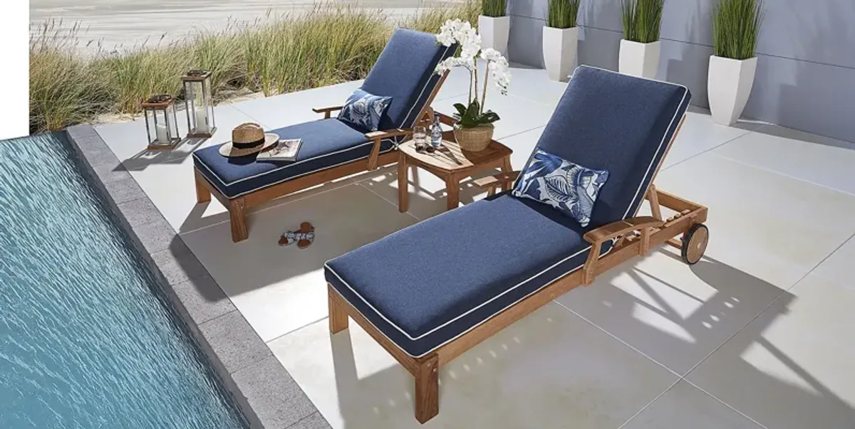 Pleasant Bay Teak Outdoor Chaise with Indigo Cushions, Set of 2