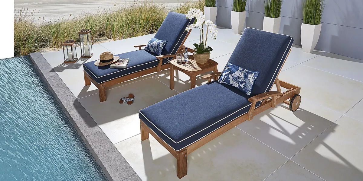 Pleasant Bay Teak Outdoor Chaise with Indigo Cushions, Set of 2