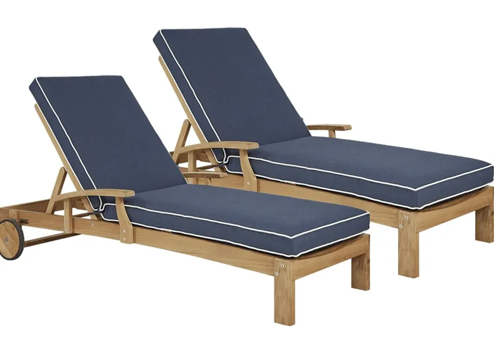 Pleasant Bay Teak Outdoor Chaise with Indigo Cushions, Set of 2