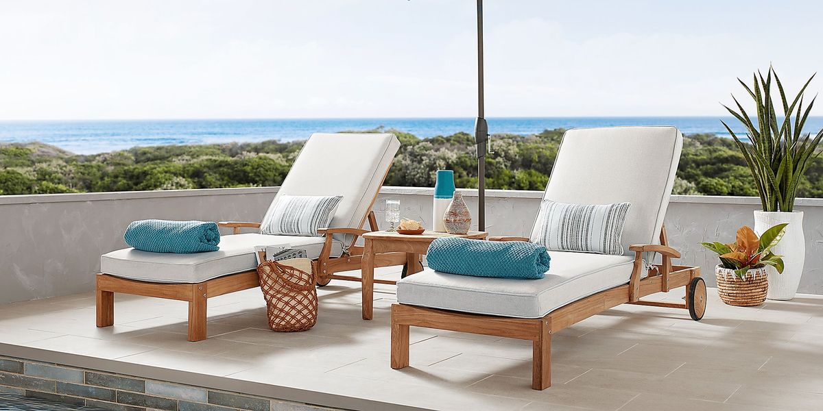 Pleasant Bay Teak Outdoor Chaise with Dove Cushions, Set of 2