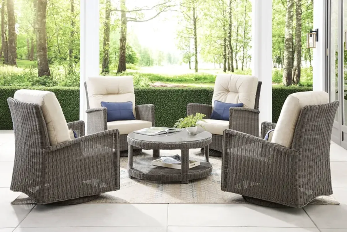 Forest Hills Gray 5 Pc Outdoor Chat Set with Swivel Chairs and Beige Cushions