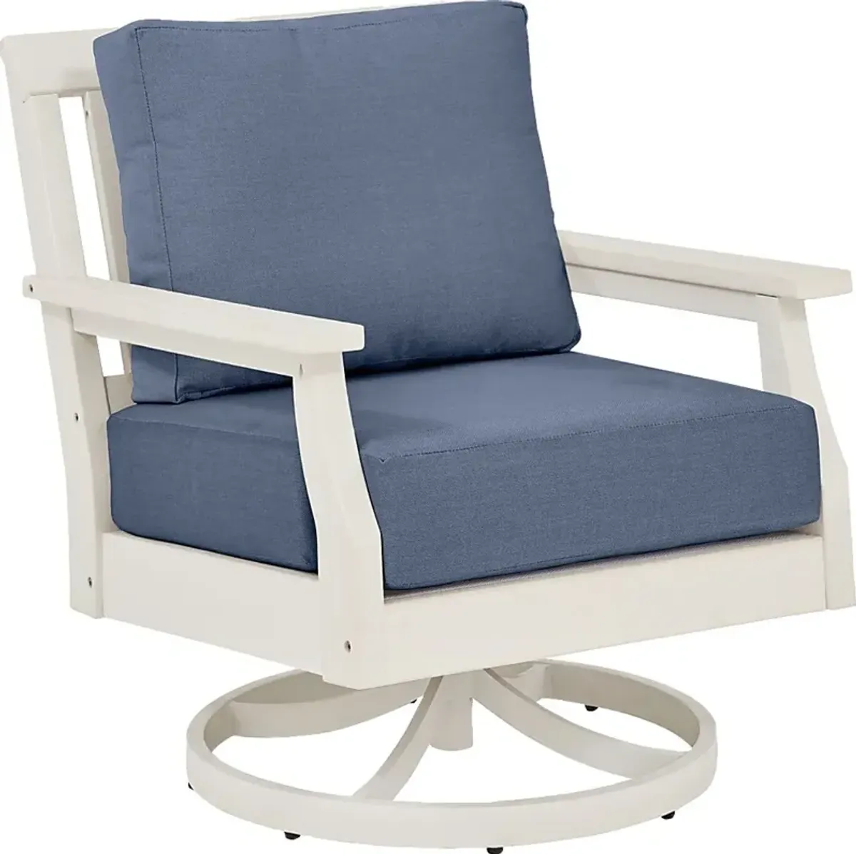Eastlake White Outdoor Swivel Rocker Chair with Blueberry Cushions