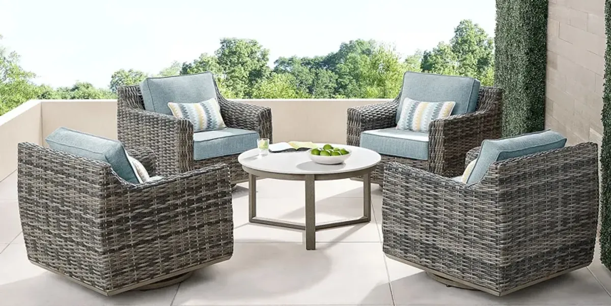 Montecello Gray 5 Pc Outdoor Swivel Chat Set with Azure Cushions