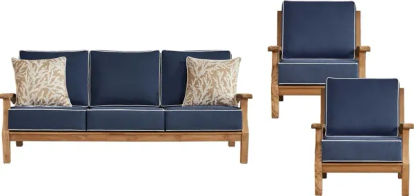 Pleasant Bay Teak 3 Pc Outdoor Seating Set with Indigo Cushions