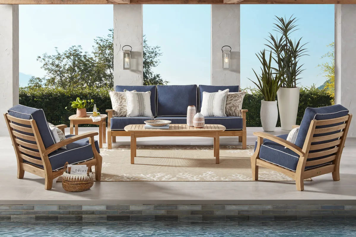 Pleasant Bay Teak 3 Pc Outdoor Seating Set with Indigo Cushions