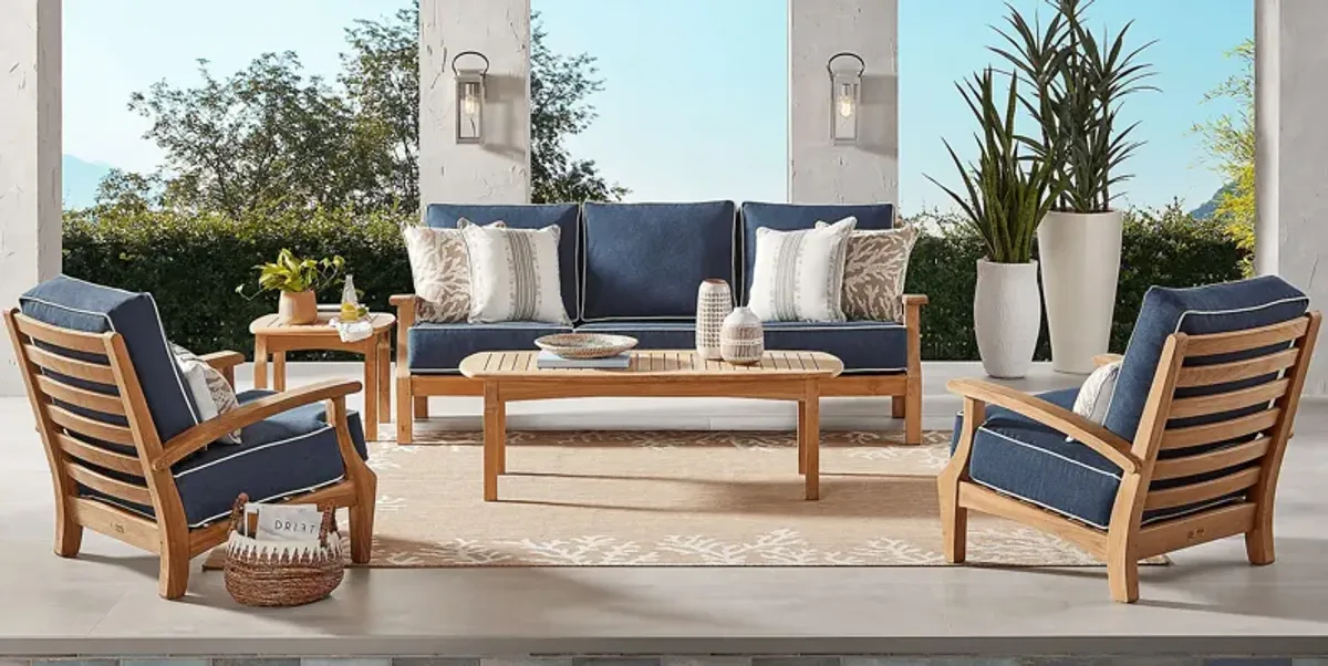 Pleasant Bay Teak 3 Pc Outdoor Seating Set with Indigo Cushions