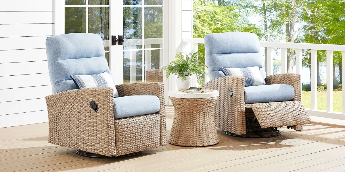 Ria Natural Outdoor Glider Recliner with Blue Cushions, Set of 2