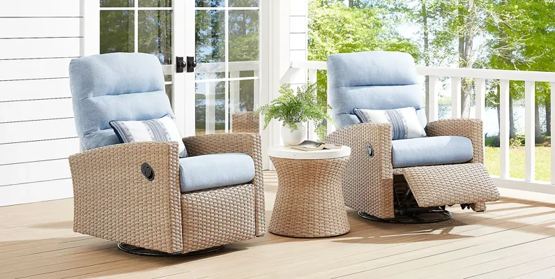 Ria Natural Outdoor Glider Recliner with Blue Cushions, Set of 2