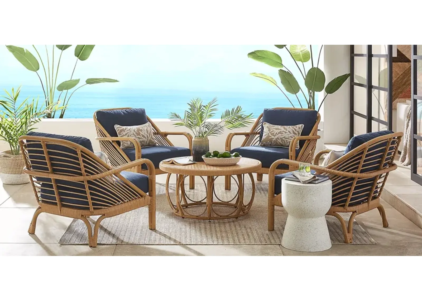 Coronado Sandstone 5 Pc Round Outdoor Chat Seating Set with Indigo Cushions