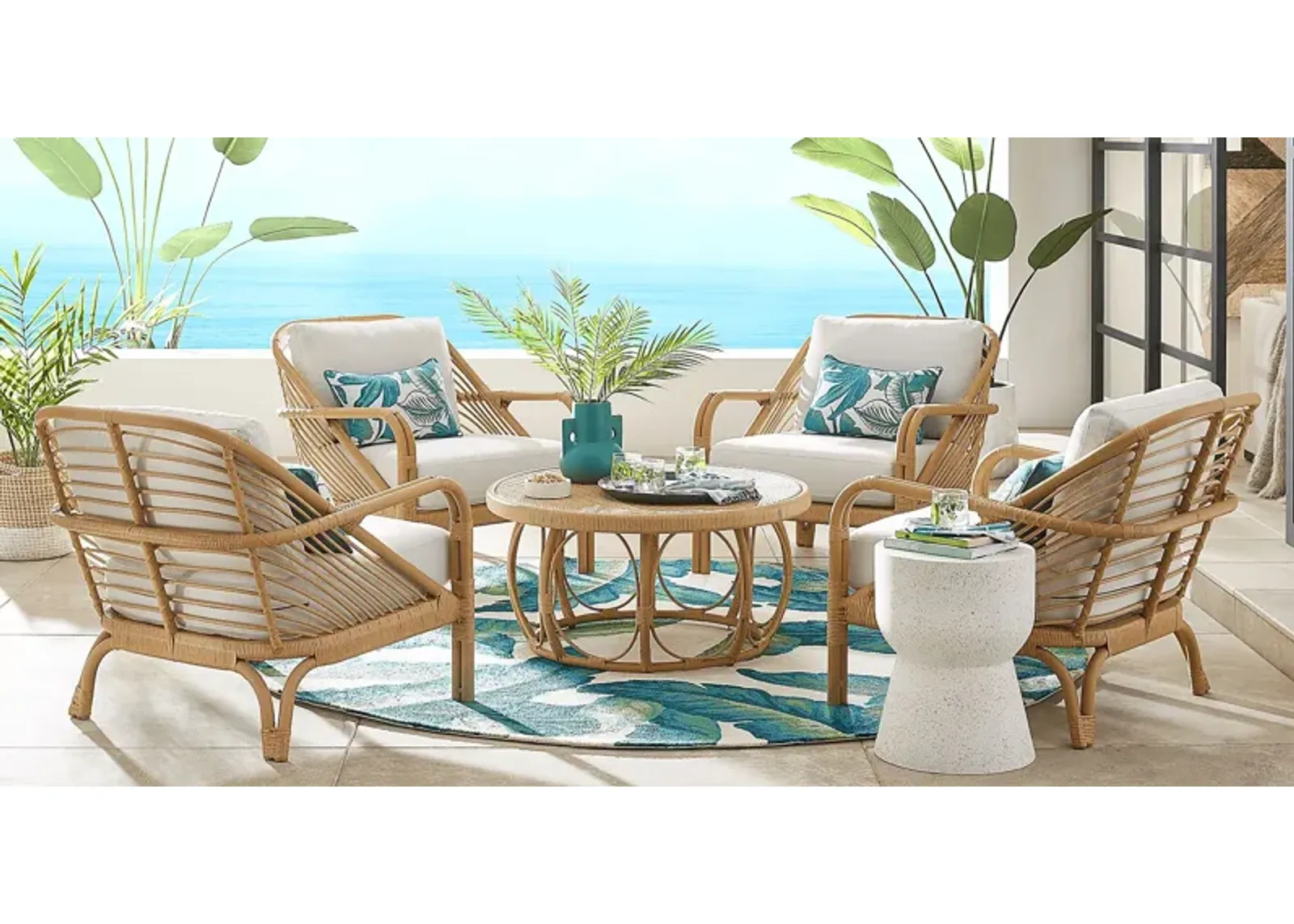 Coronado Sandstone 5 Pc Round Outdoor Chat Seating Set with Vapor Cushions