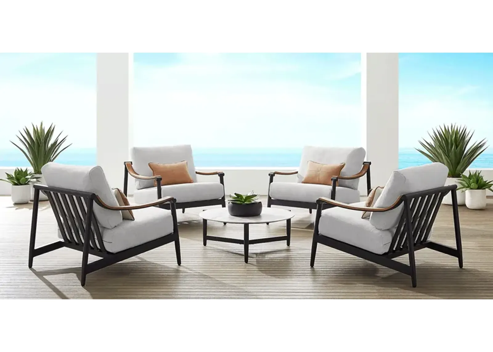 Harlowe Black 5 Pc Outdoor Chat Set with Dove Cushions