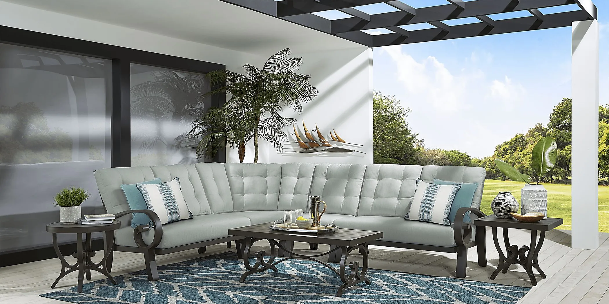 Bermuda Bay Aged Bronze 4 Pc Outdoor Sectional with Seafoam Cushions