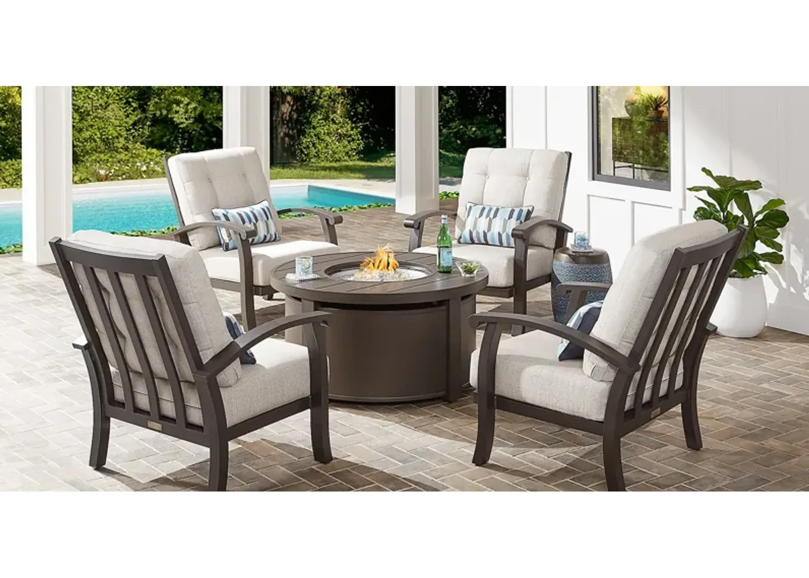 Lake Breeze Aged Bronze 5 Pc Outdoor Fire Pit Seating Set with Parchment Cushions