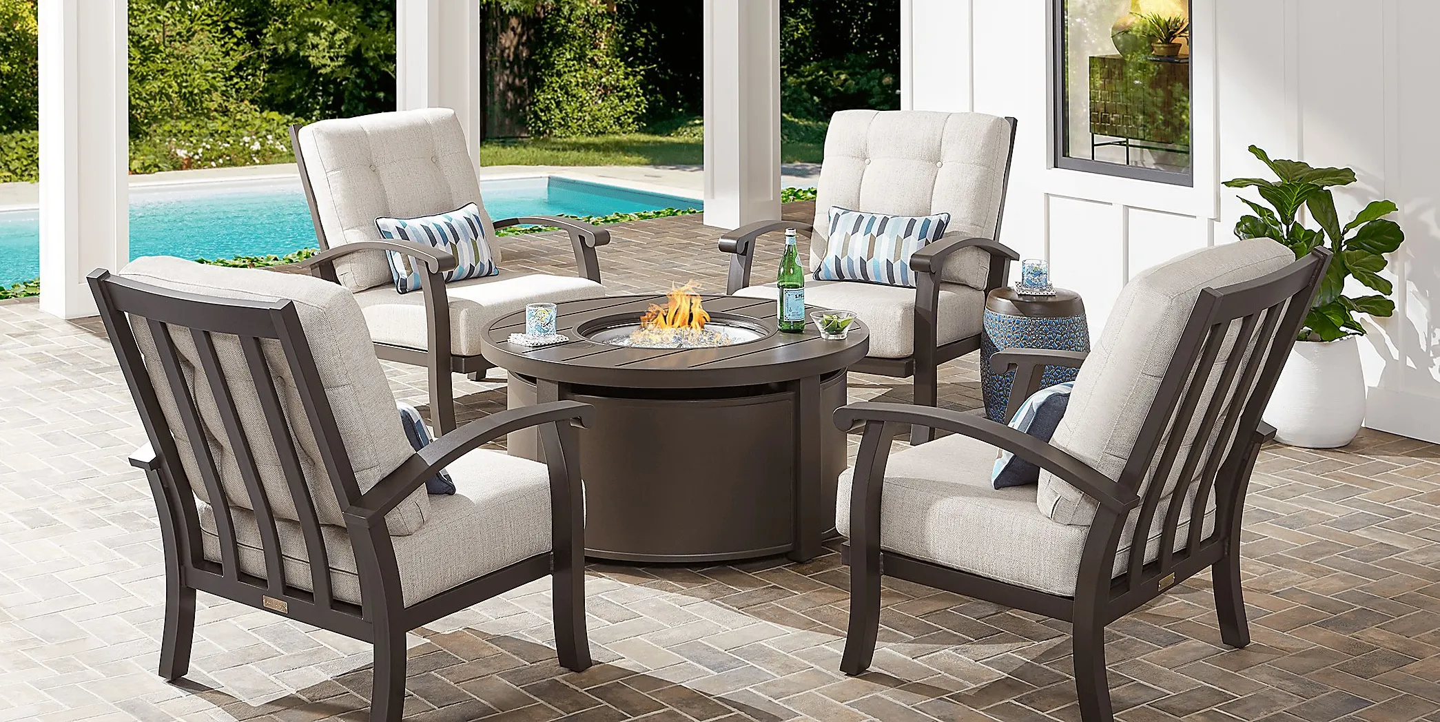 Lake Breeze Aged Bronze 5 Pc Outdoor Fire Pit Seating Set with Parchment Cushions