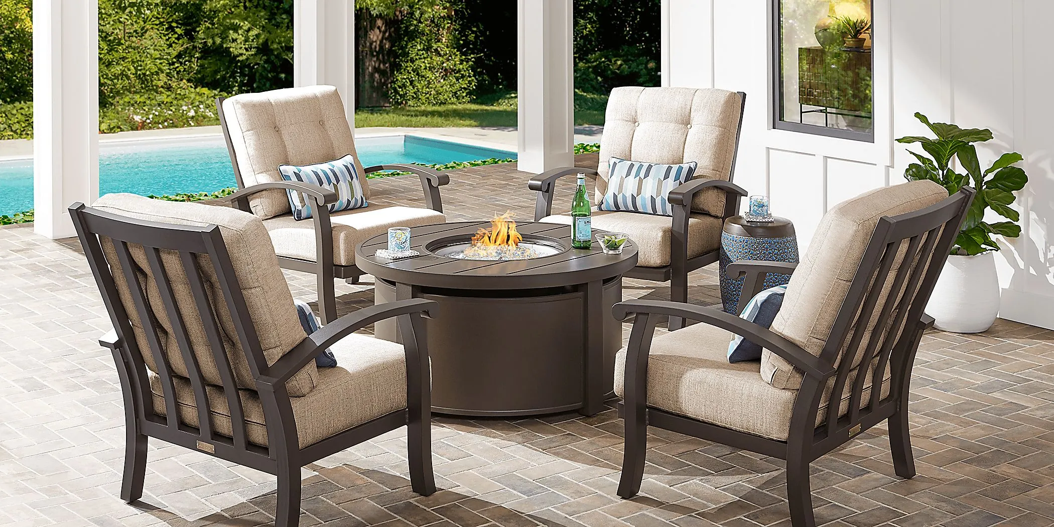 Lake Breeze Aged Bronze 5 Pc Outdoor Fire Pit Seating Set with Wren Cushions