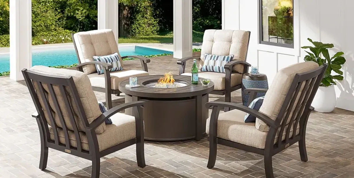 Lake Breeze Aged Bronze 5 Pc Outdoor Fire Pit Seating Set with Wren Cushions