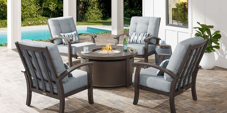 Lake Breeze Aged Bronze 5 Pc Outdoor Fire Pit Seating Set with Mist Cushions