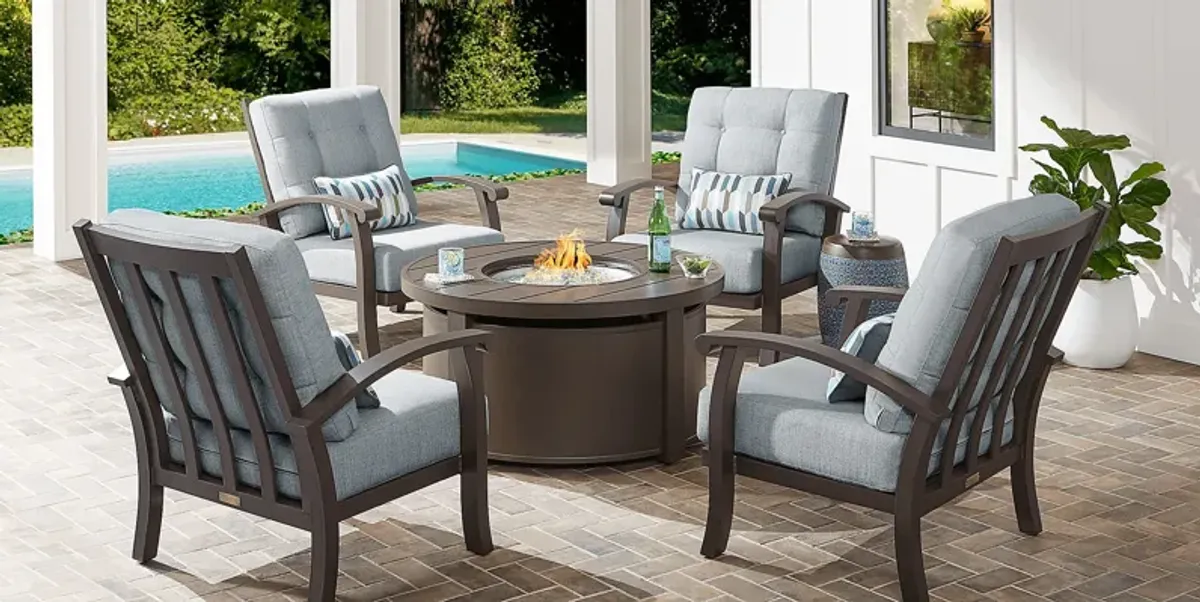 Lake Breeze Aged Bronze 5 Pc Outdoor Fire Pit Seating Set with Mist Cushions