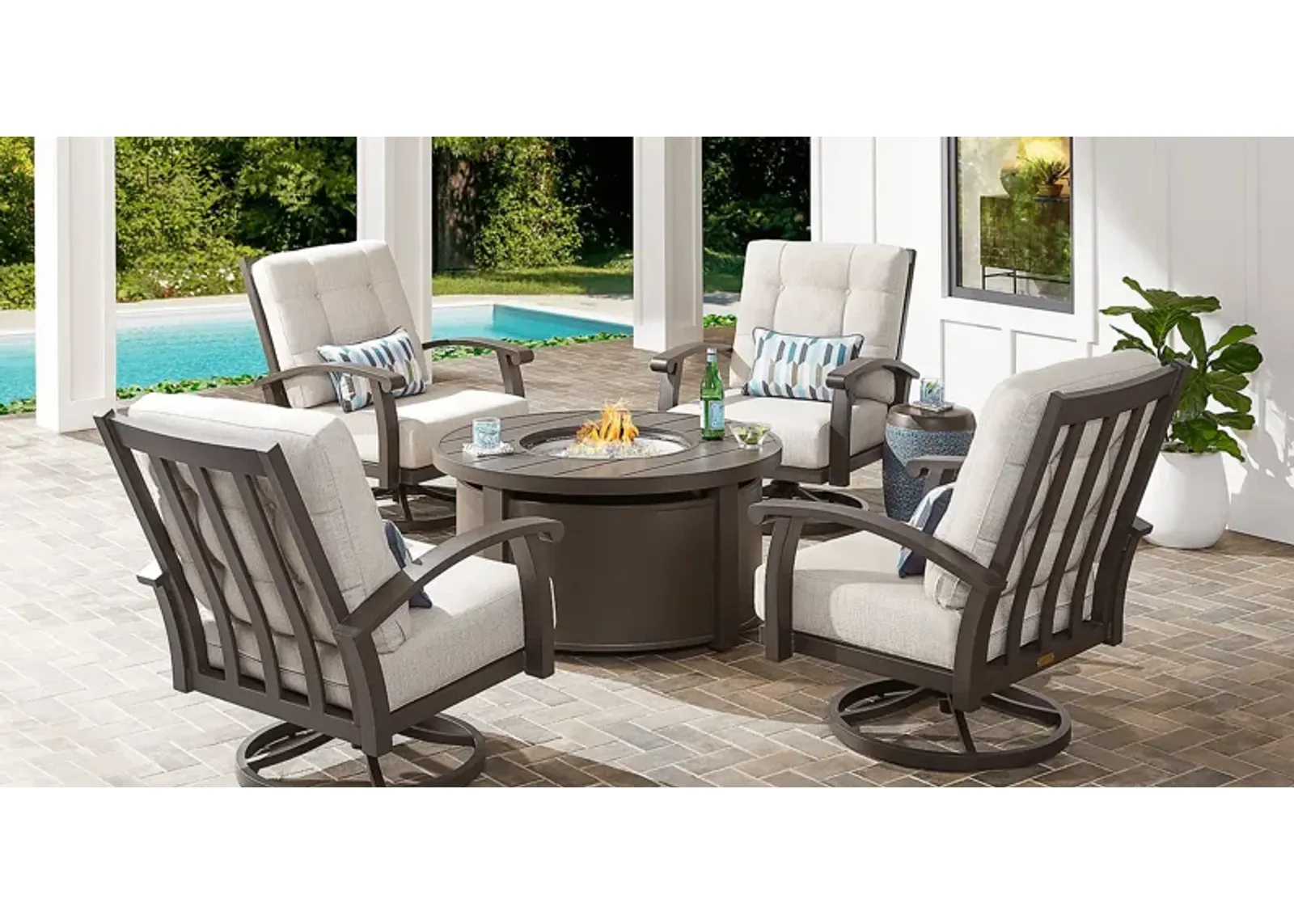 Lake Breeze Aged Bronze 5 Pc Outdoor Fire Pit Seating Set with Swivel Chairs and Parchment Cushions