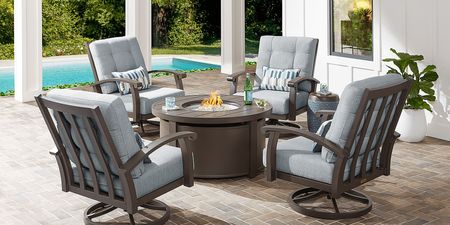 Lake Breeze Aged Bronze 5 Pc Outdoor Fire Pit Seating Set with Swivel Chairs and Mist Cushions
