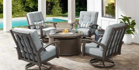 Lake Breeze Aged Bronze 5 Pc Outdoor Fire Pit Seating Set with Swivel Chairs and Mist Cushions