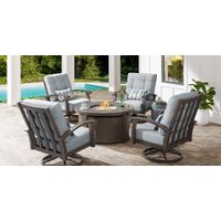 Lake Breeze Aged Bronze 5 Pc Outdoor Fire Pit Seating Set with Swivel Chairs and Seafoam Cushions