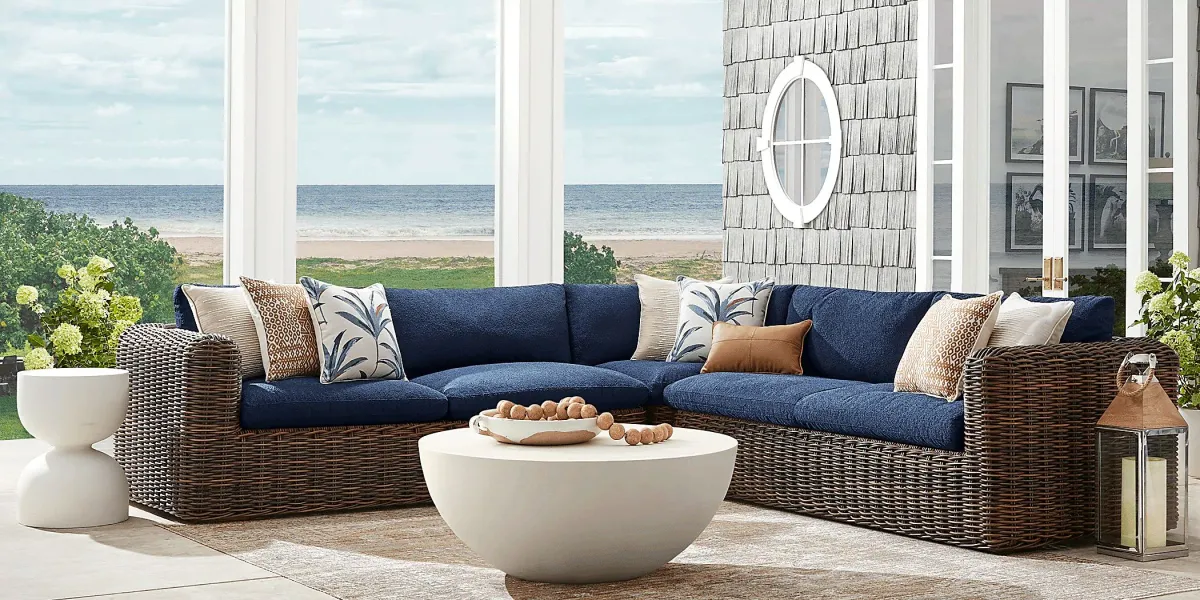 Plume Brown 3 Pc Outdoor Sectional with Navy Cushions