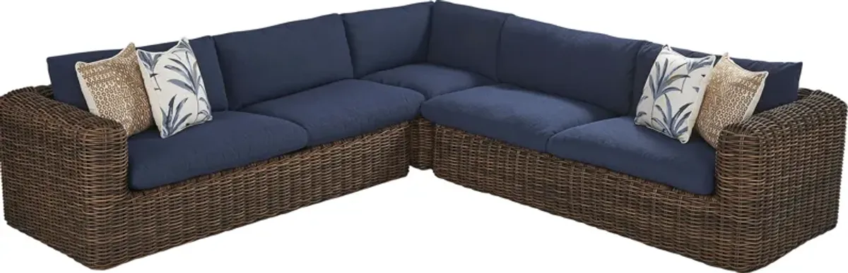 Plume Brown 3 Pc Outdoor Sectional with Navy Cushions