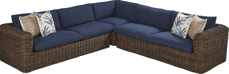 Plume Brown 3 Pc Outdoor Sectional with Navy Cushions