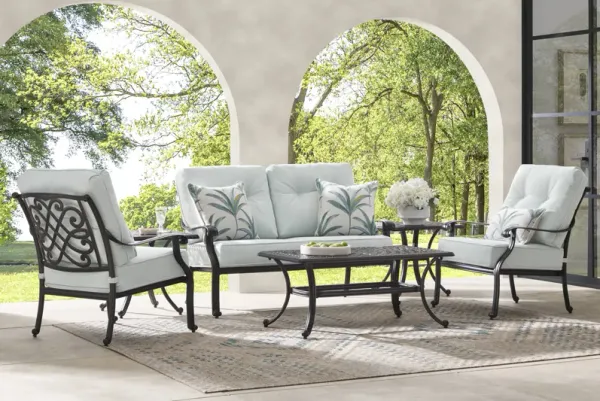Carina Bronze 4 Pc Outdoor Loveseat Seating Set with Sky Cushions