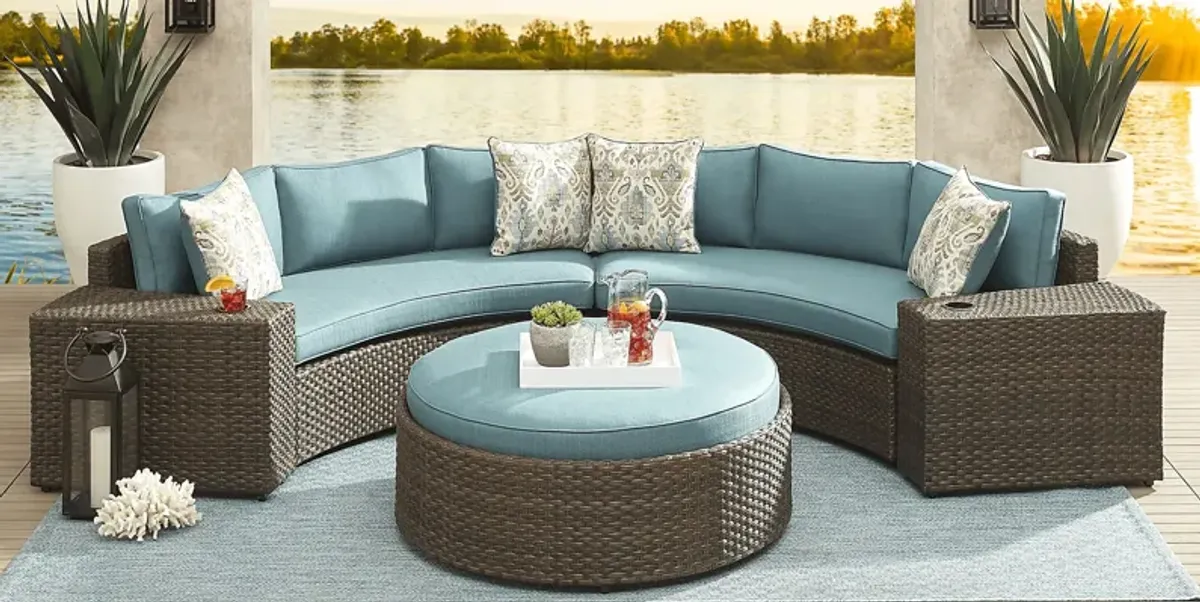 Rialto Brown 4 Pc Curved Outdoor Sectional with Aqua Cushions