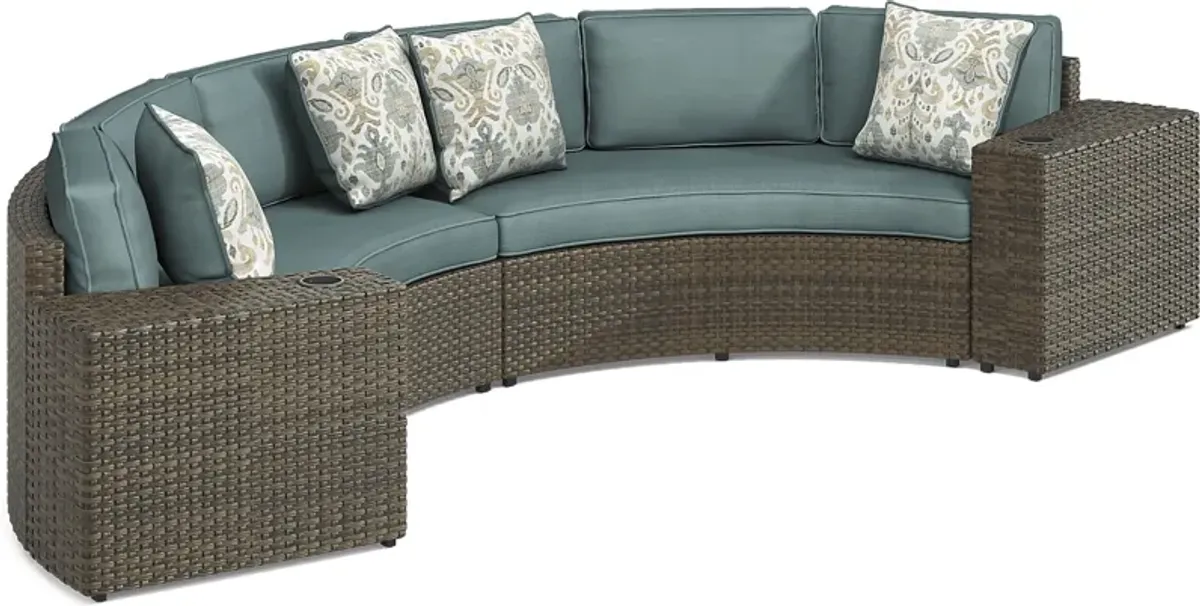 Rialto Brown 4 Pc Curved Outdoor Sectional with Aqua Cushions