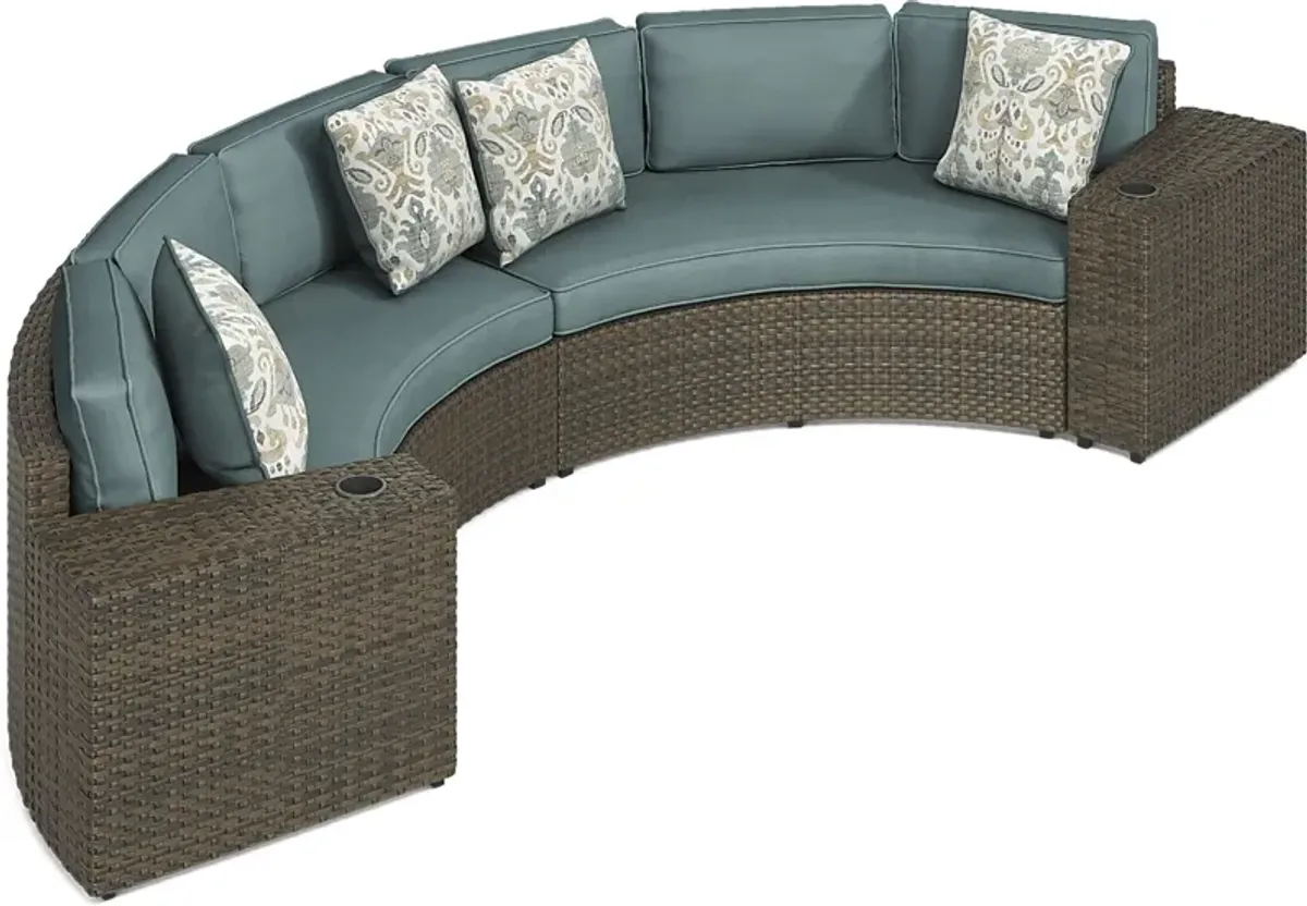 Rialto Brown 4 Pc Curved Outdoor Sectional with Aqua Cushions