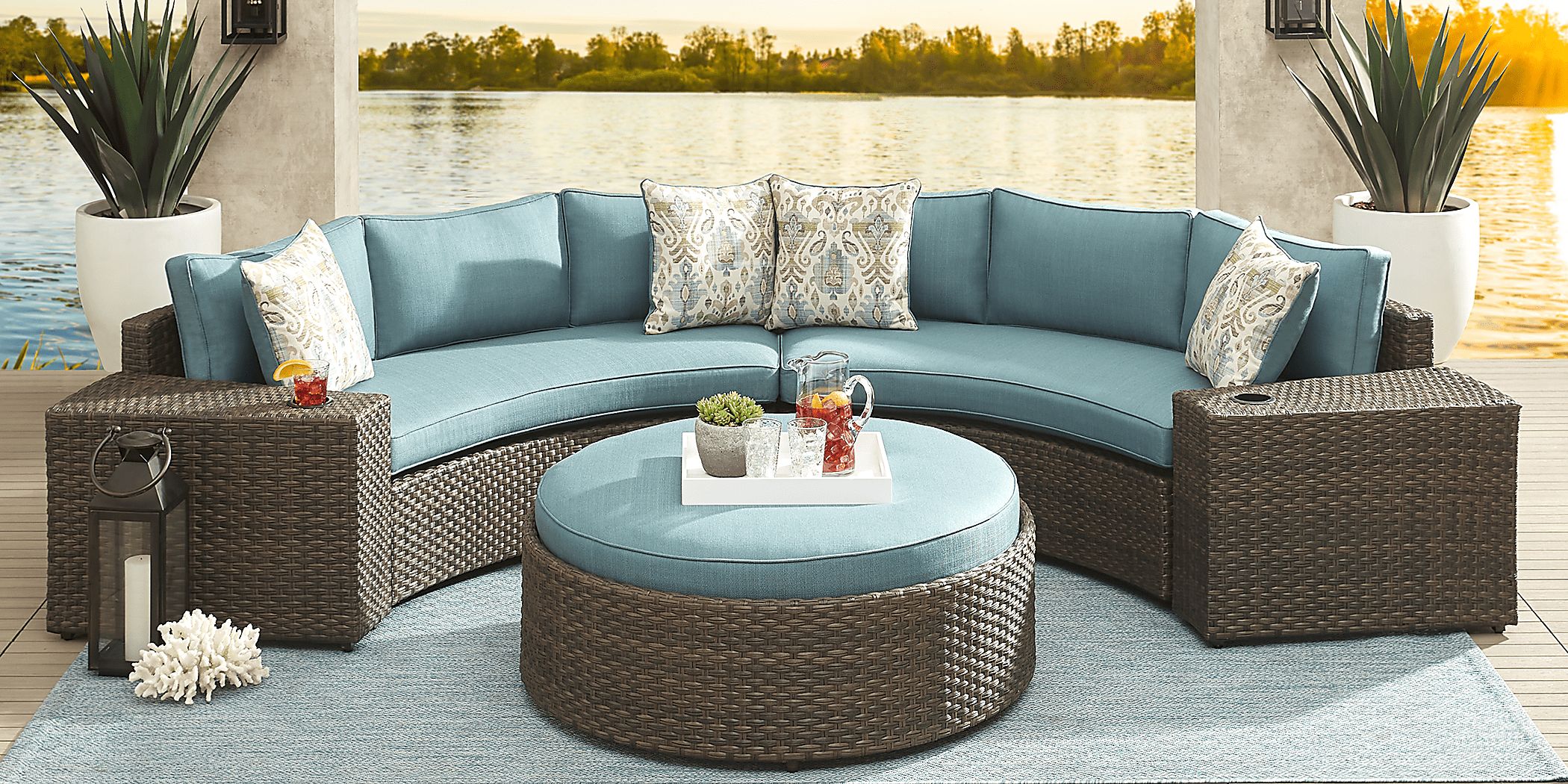 Rialto Brown 4 Pc Curved Outdoor Sectional with Aqua Cushions
