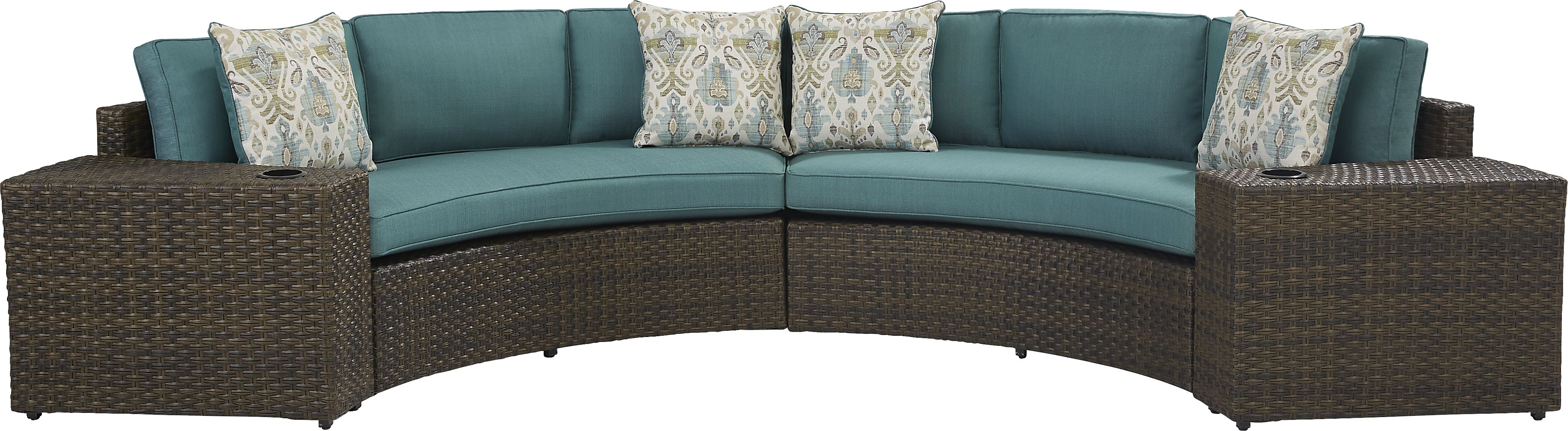 Rialto Brown 4 Pc Curved Outdoor Sectional with Aqua Cushions