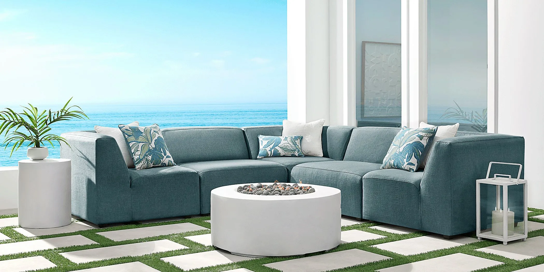 Calay 5 Pc Outdoor Sectional with Teal Slipcovers