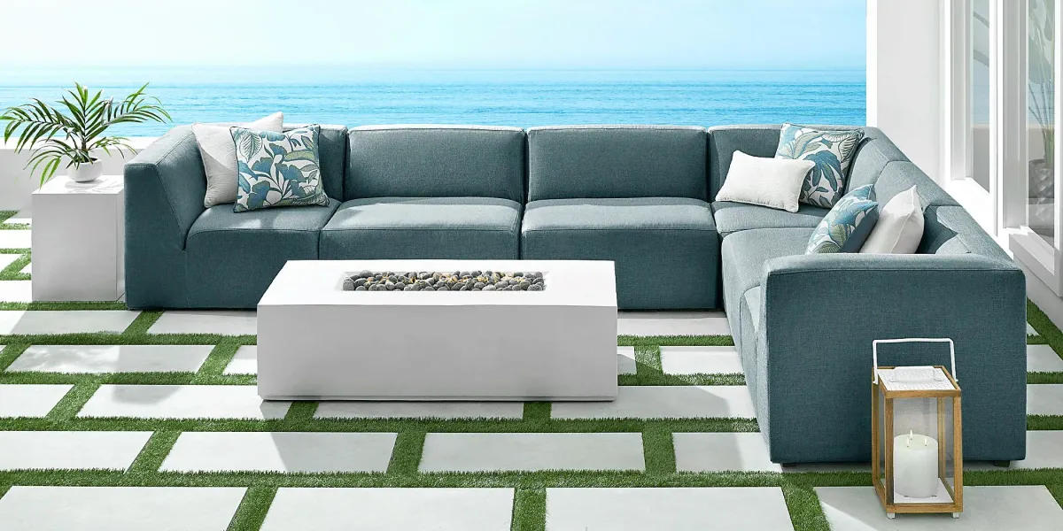 Calay 6 Pc Outdoor Sectional with Teal Slipcovers