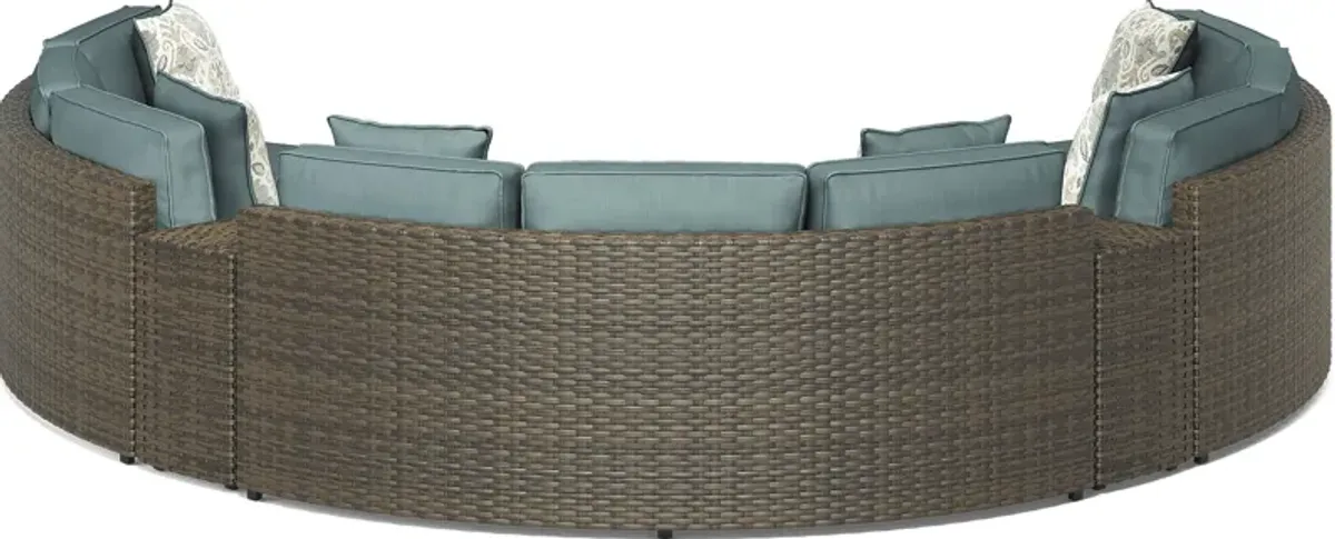 Rialto Brown 5 Pc Curved Outdoor Sectional with Aqua Cushions