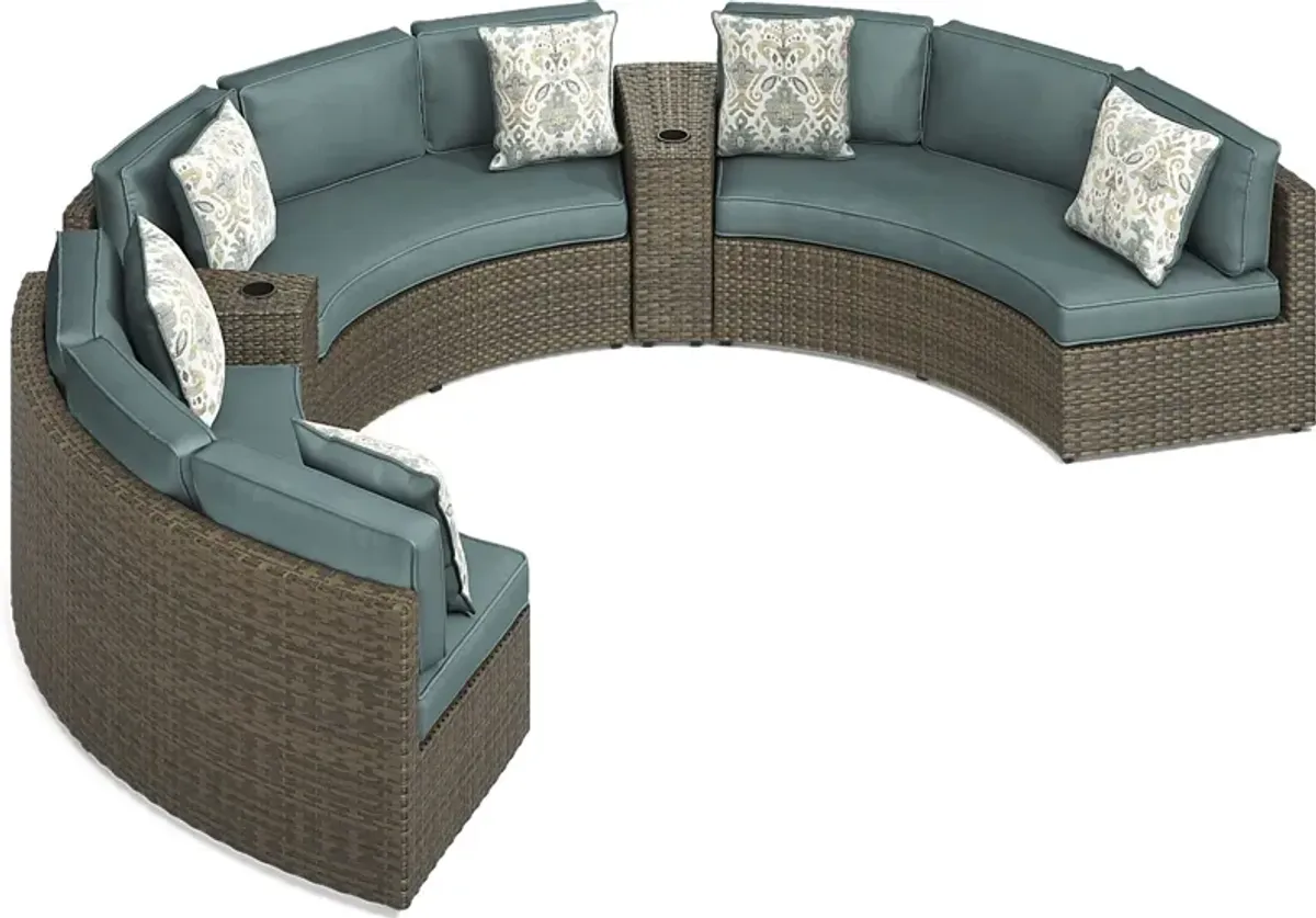 Rialto Brown 5 Pc Curved Outdoor Sectional with Aqua Cushions