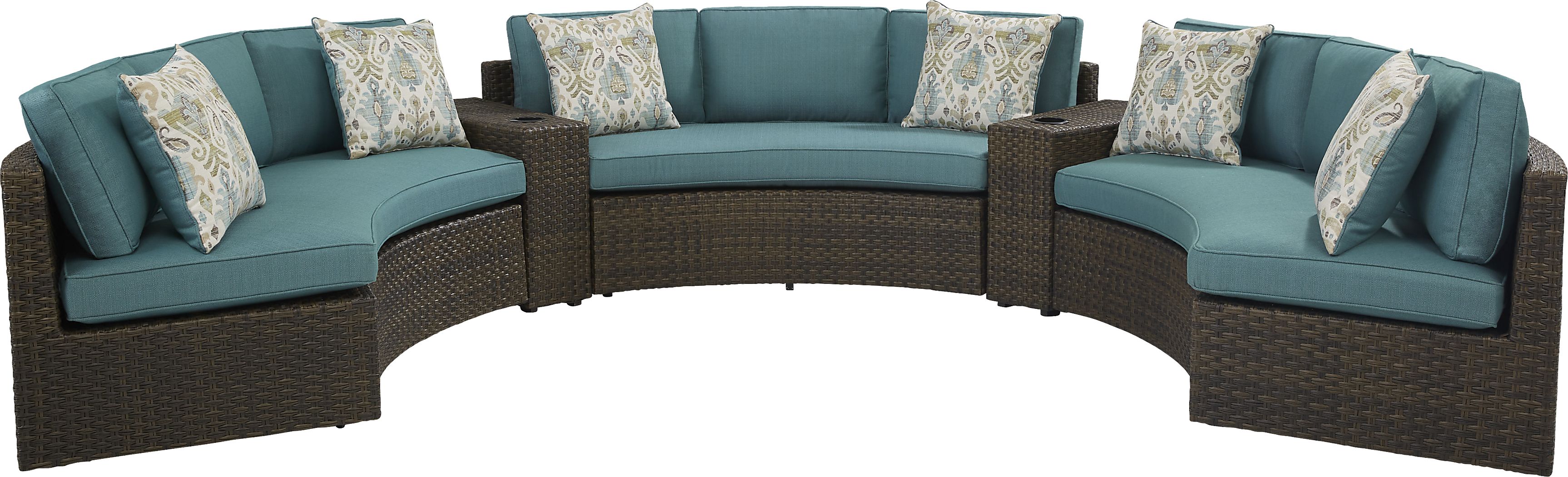 Rialto Brown 5 Pc Curved Outdoor Sectional with Aqua Cushions