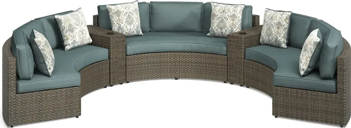 Rialto Brown 5 Pc Curved Outdoor Sectional with Aqua Cushions