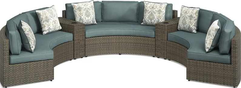Rialto Brown 5 Pc Curved Outdoor Sectional with Aqua Cushions