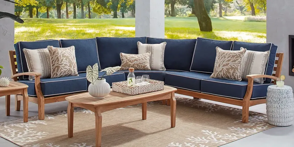 Pleasant Bay Teak 3 Pc Outdoor Sectional with Indigo Cushions