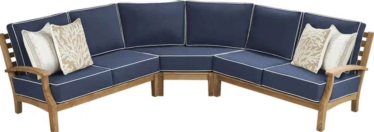 Pleasant Bay Teak 3 Pc Outdoor Sectional with Indigo Cushions